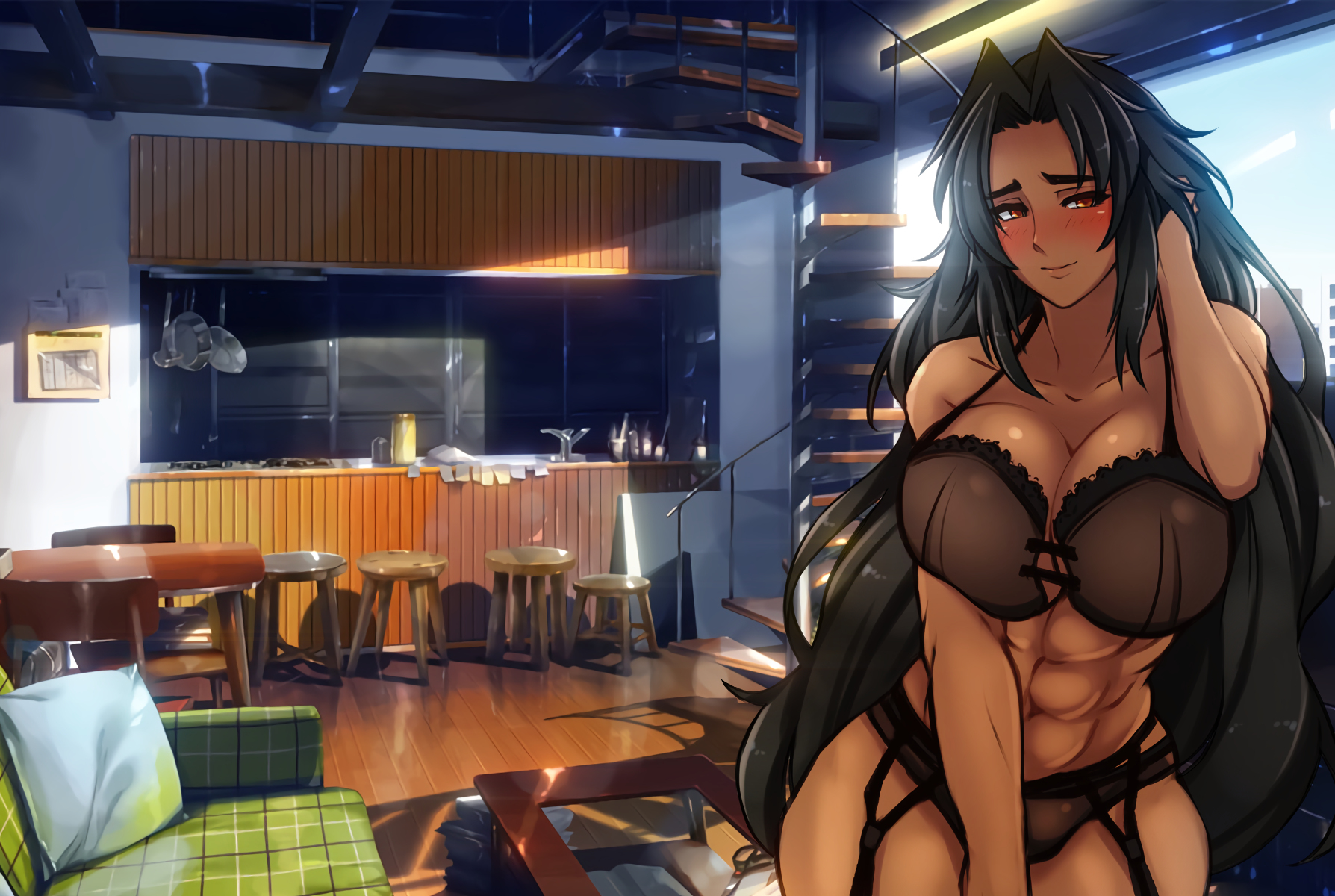 Clad in black lingerie, Mona smiles and blushes bashfully, playing with a bit of her long black hair.